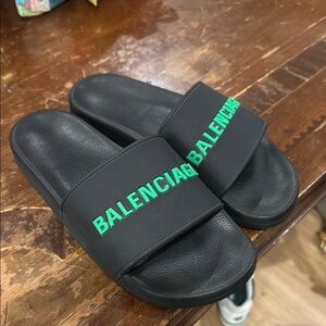Balenciaga Black Slides with Green Accents